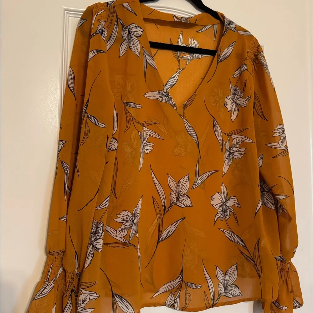 A New Day Mustard Floral Sleeve Blouse/ Sheer - Picture 2 of 10
